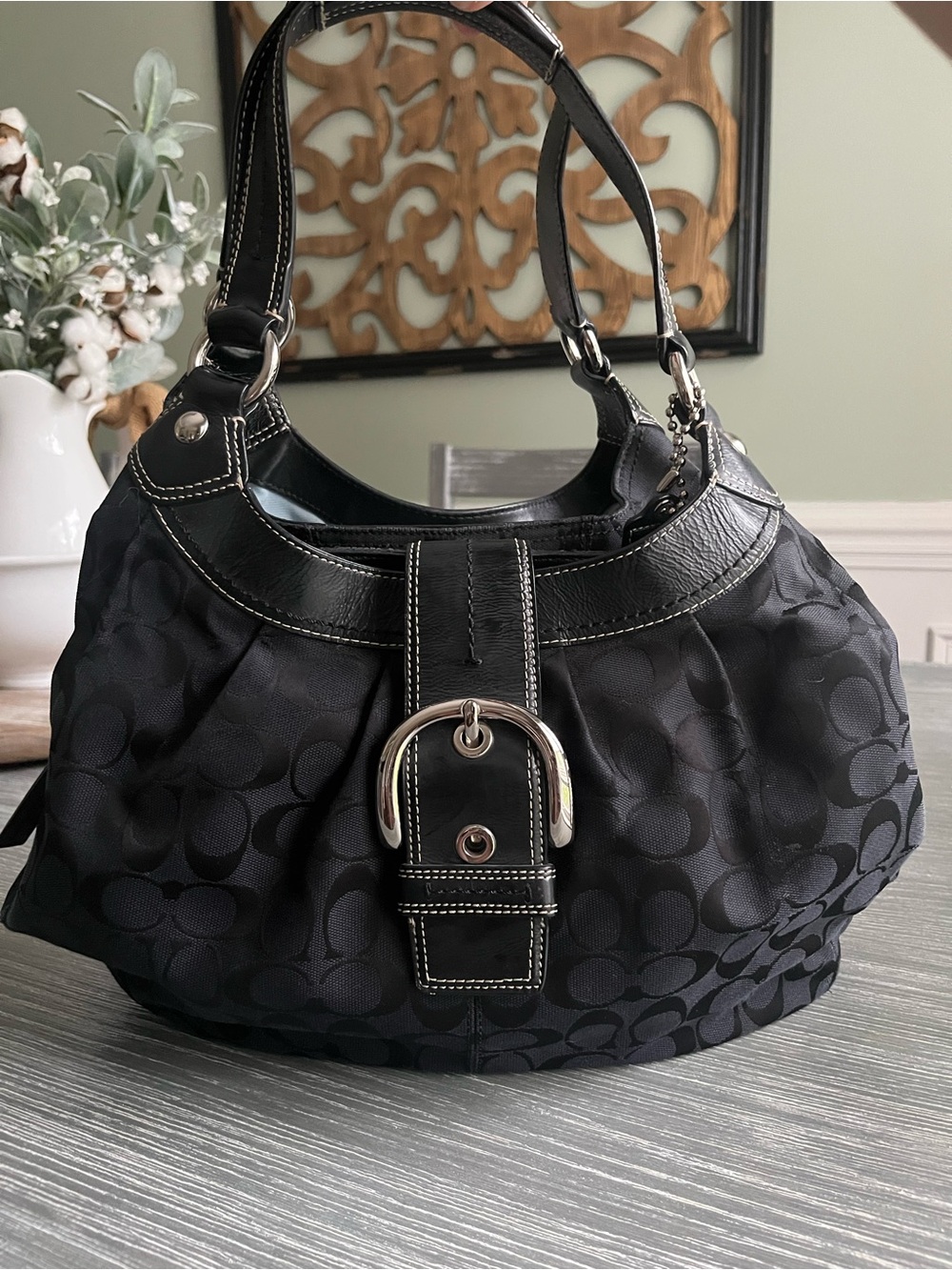 Coach Black Signature Jacquard Hobo with Silver Buckle
